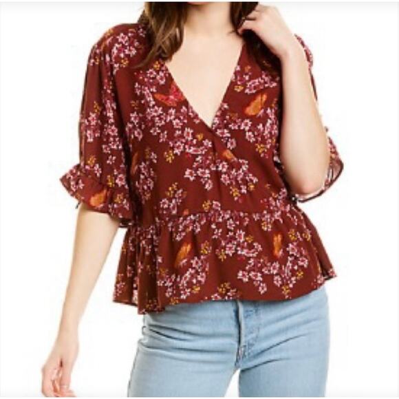 MADEWELL Butterfly Floral Wrap Blouse Ruffle Sleeve Burgundy Fairy Y2K Sz 2 NWT - Picture 2 of 12